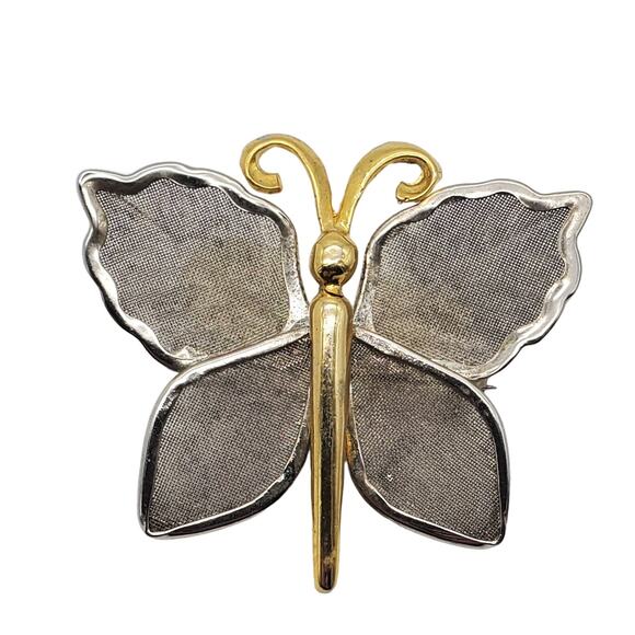 Vintage 1960s Mesh Butterfly Brooch Silver & Gold Tone Freedom Insect Metal Pin - Picture 1 of 6